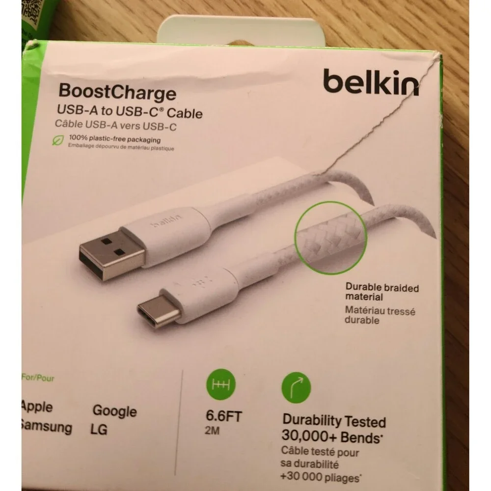 2 Pieces Belkin USB-A to USB-C Cable 6.6 ft (2M) and 3.3FT(1M) White OPEN BOX
